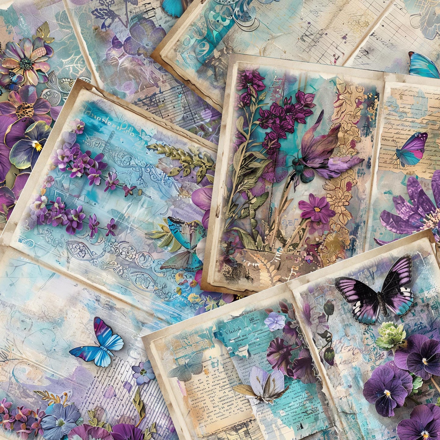 Purple and Teal Floral Junk Journal Pages Vol 4
