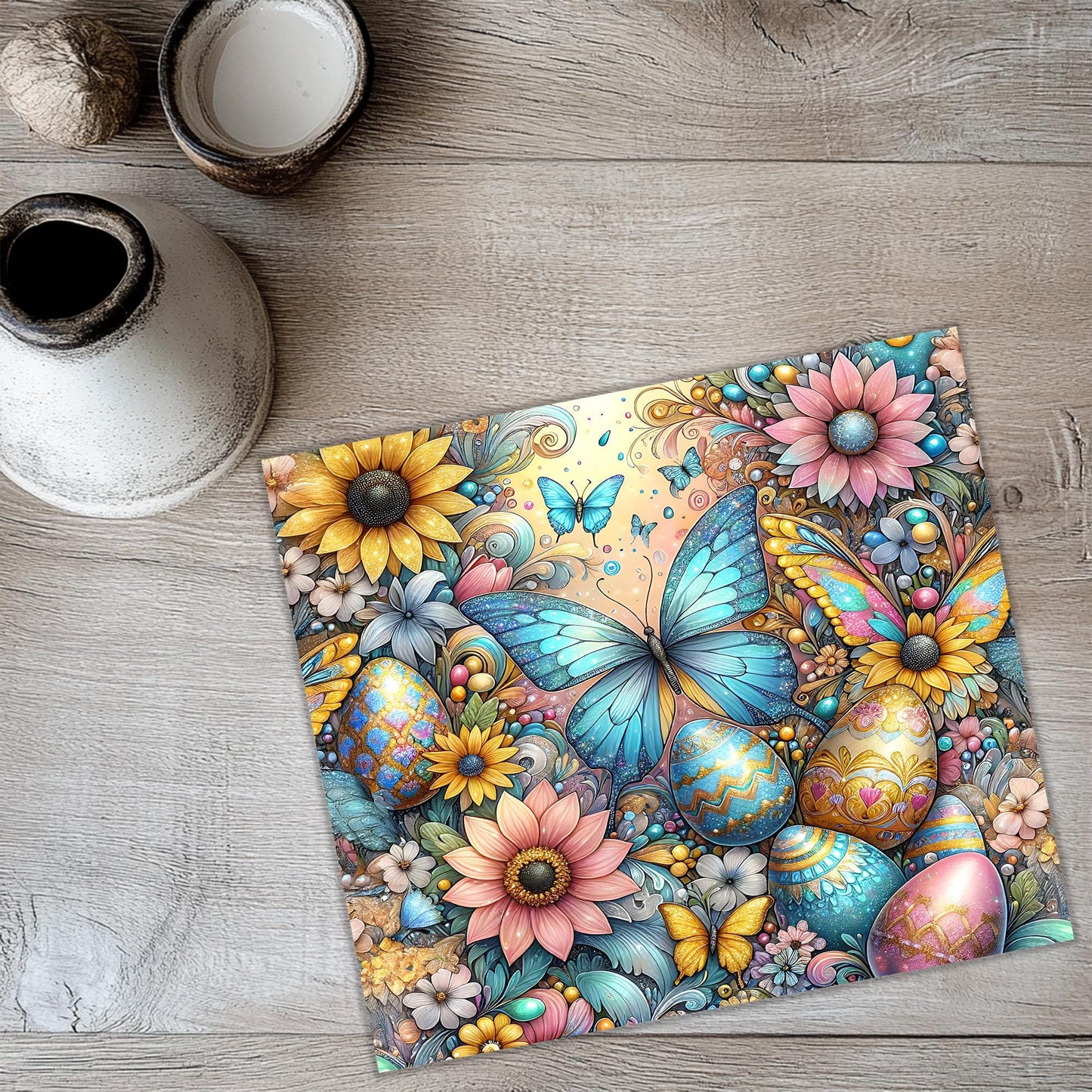 a painting of flowers and butterflies on a wooden floor