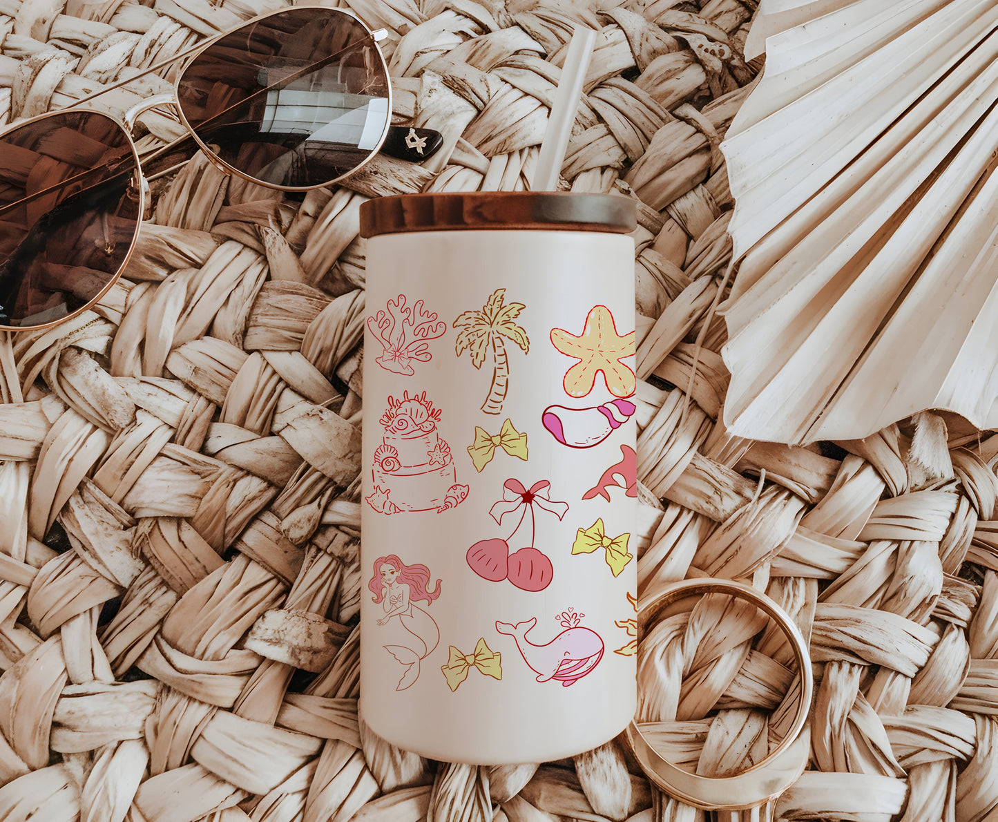 a coffee cup sitting on top of a woven mat