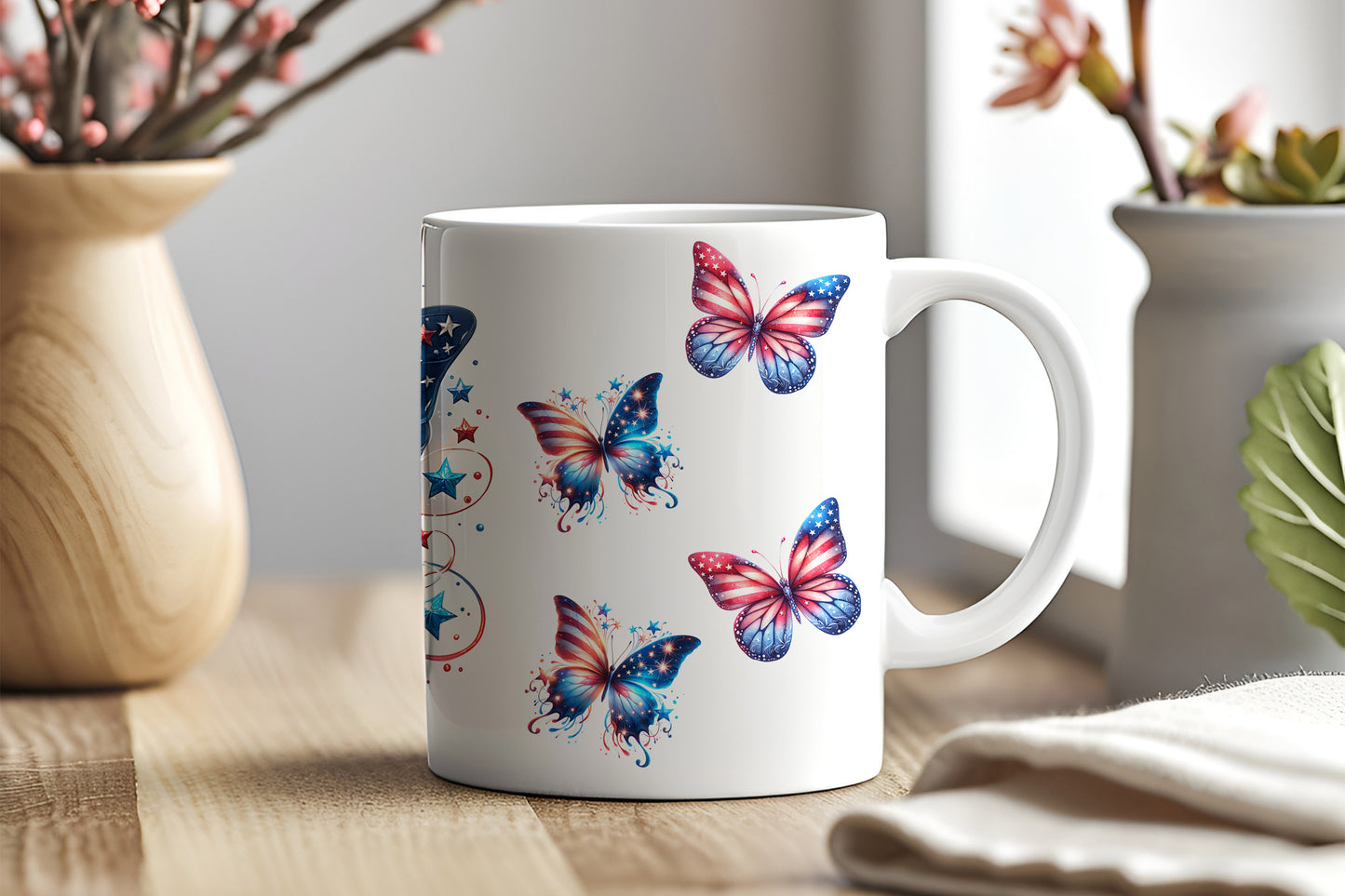 a white coffee mug with colorful butterflies on it