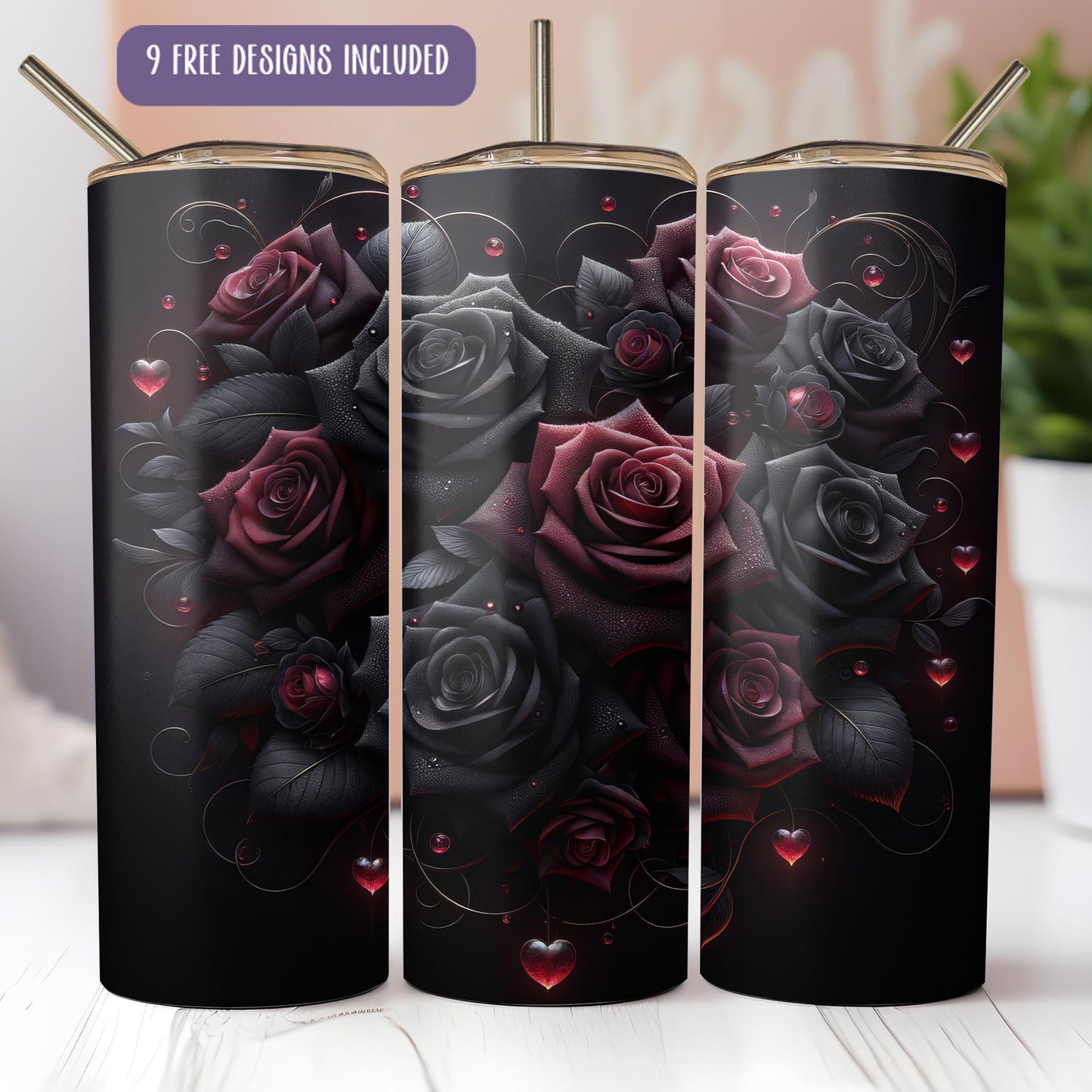 a set of three black and red roses on a black background