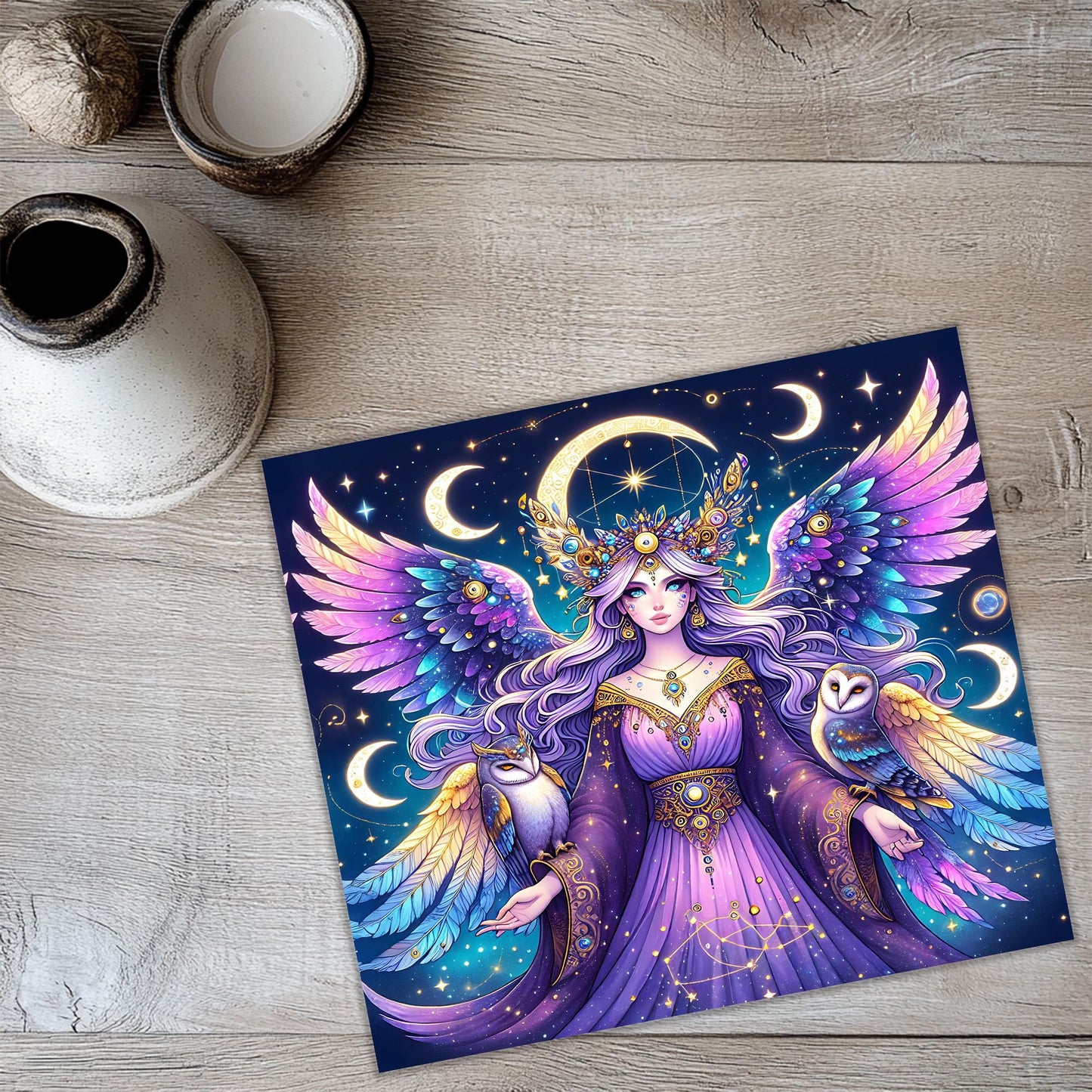 a painting of a woman with wings on a table