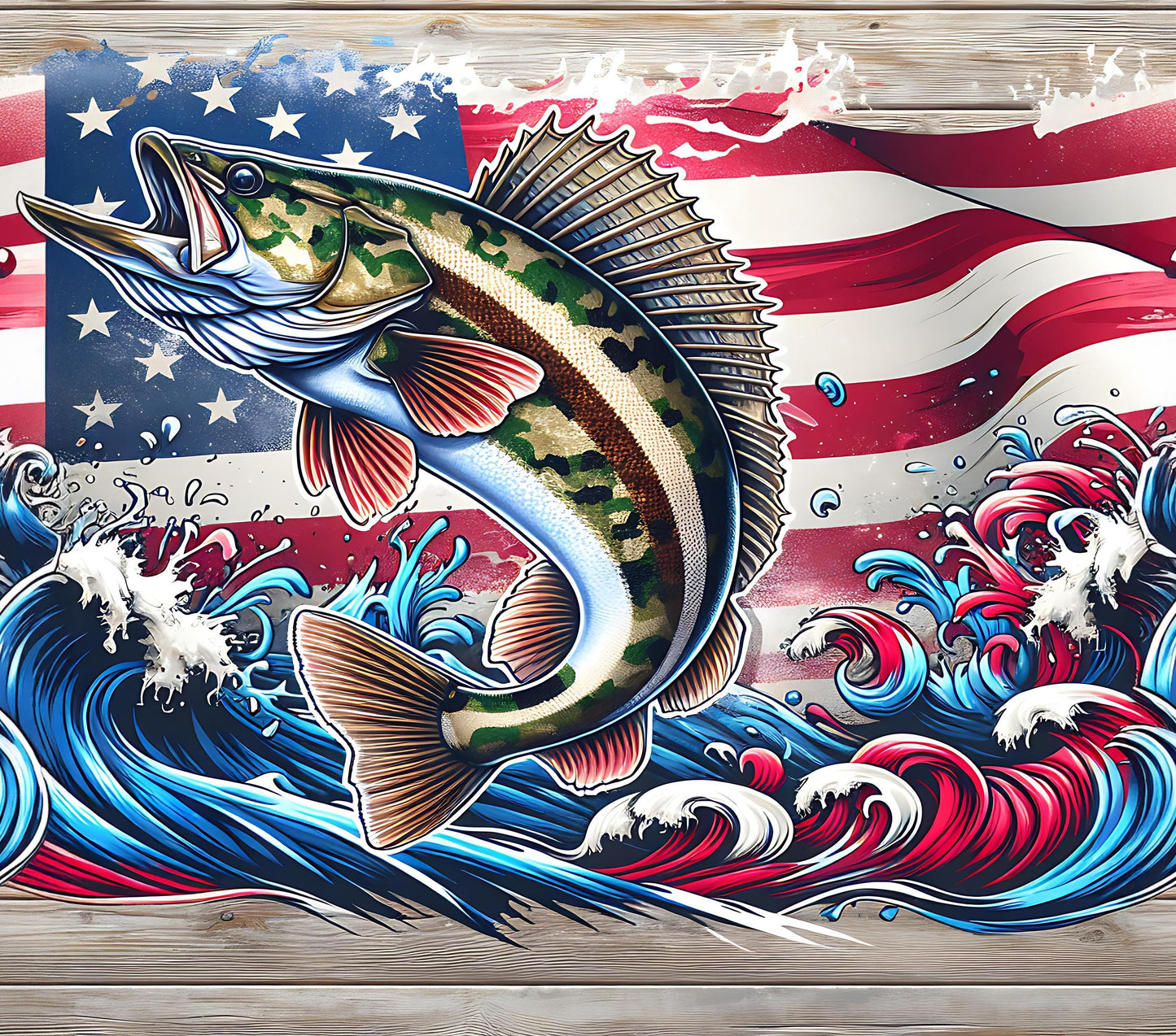 a fish jumping out of the water in front of an american flag
