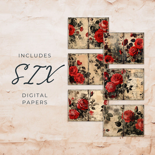 Red and Black Floral Junk Journal Pages