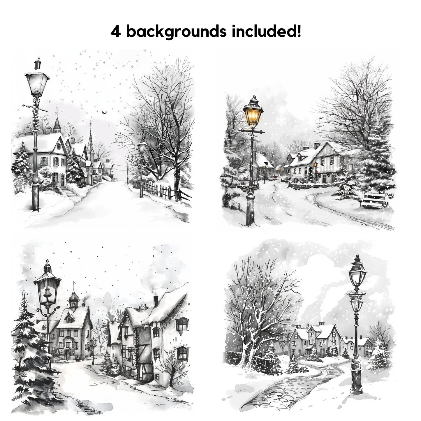Watercolor Black and White Christmas Clipart