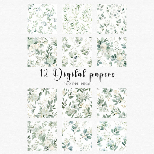 Papeles digitales de hojas de eucalipto en acuarela