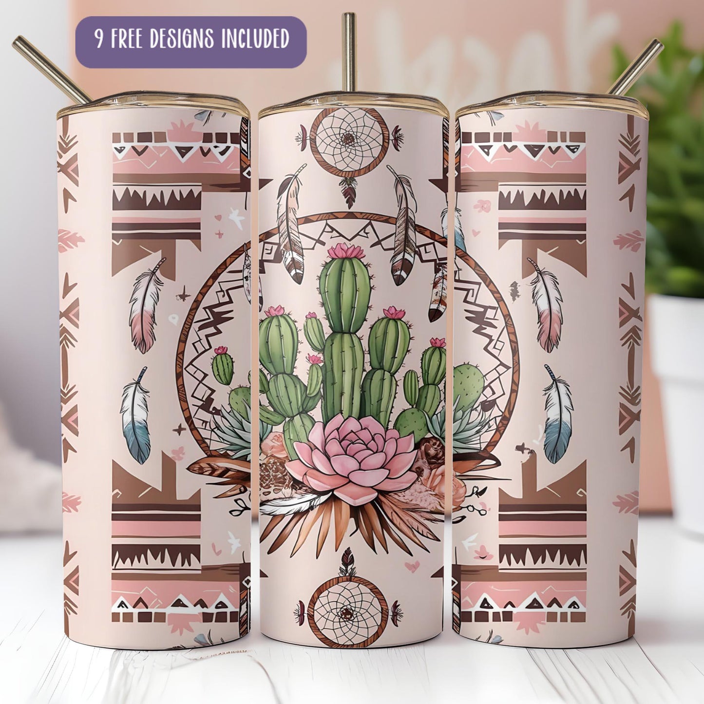 a set of three pink and green cactus mugs on a table
