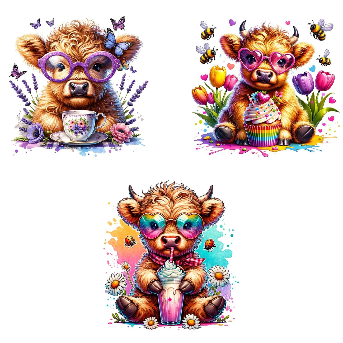 Watercolor Spring Highland Cow Clipart