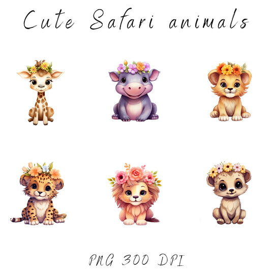 Watercolor Pink Baby Safari Animals Clipart