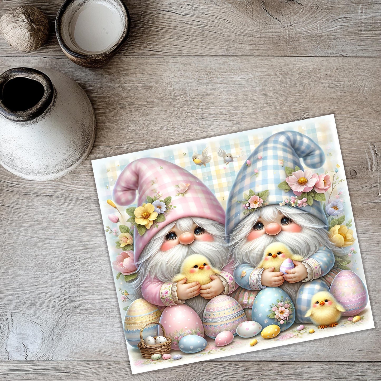 a painting of two gnomes with easter eggs