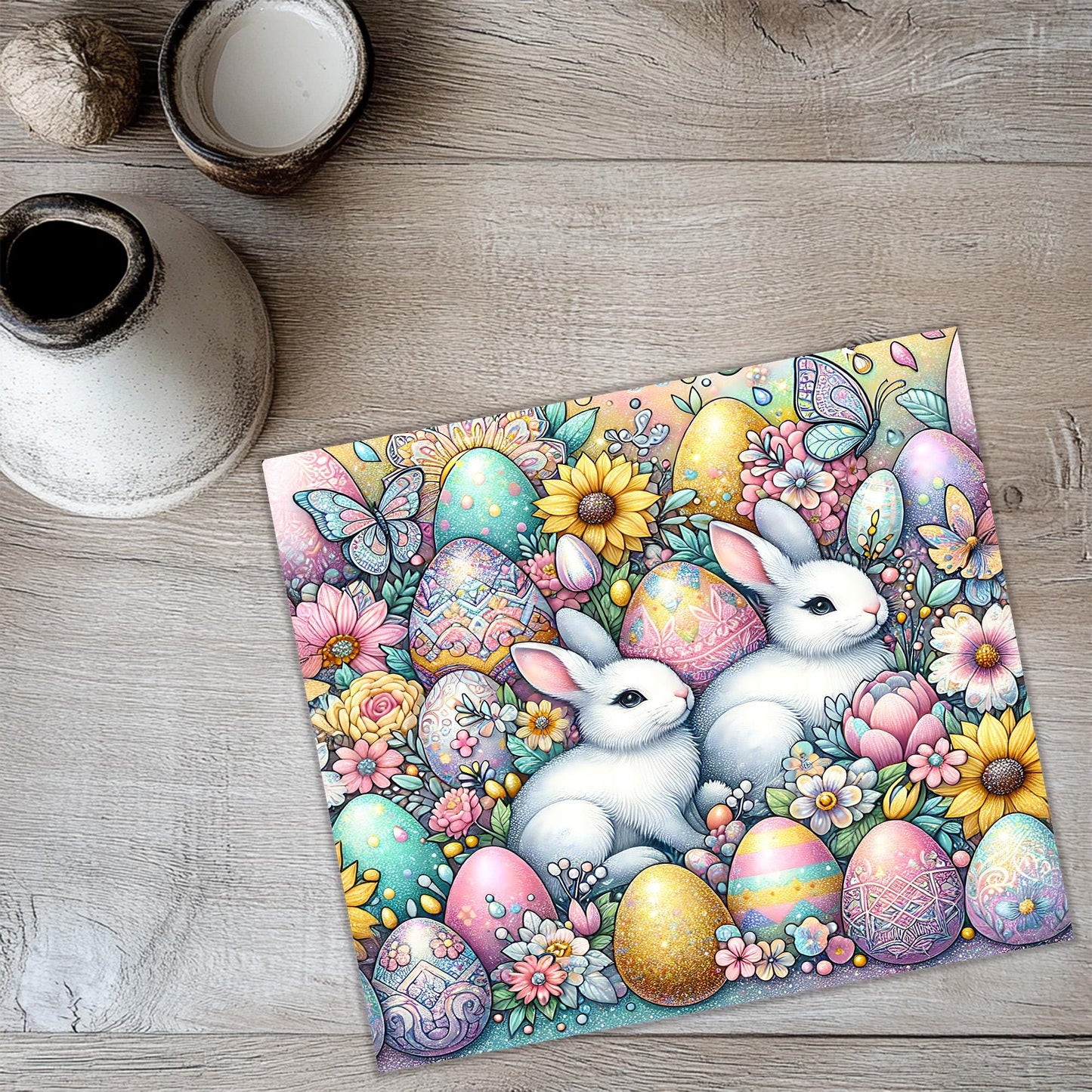 a painting of two white rabbits surrounded by flowers and eggs