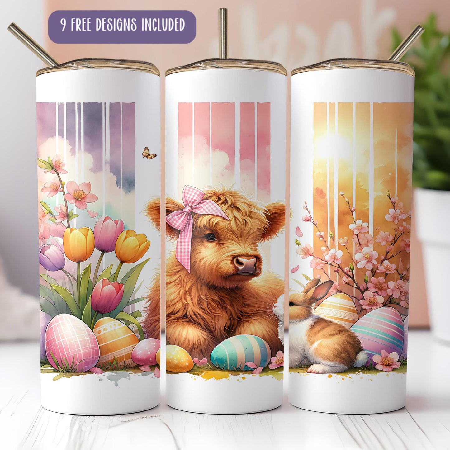 a set of three coffee mugs with a picture of a dog and a bunny