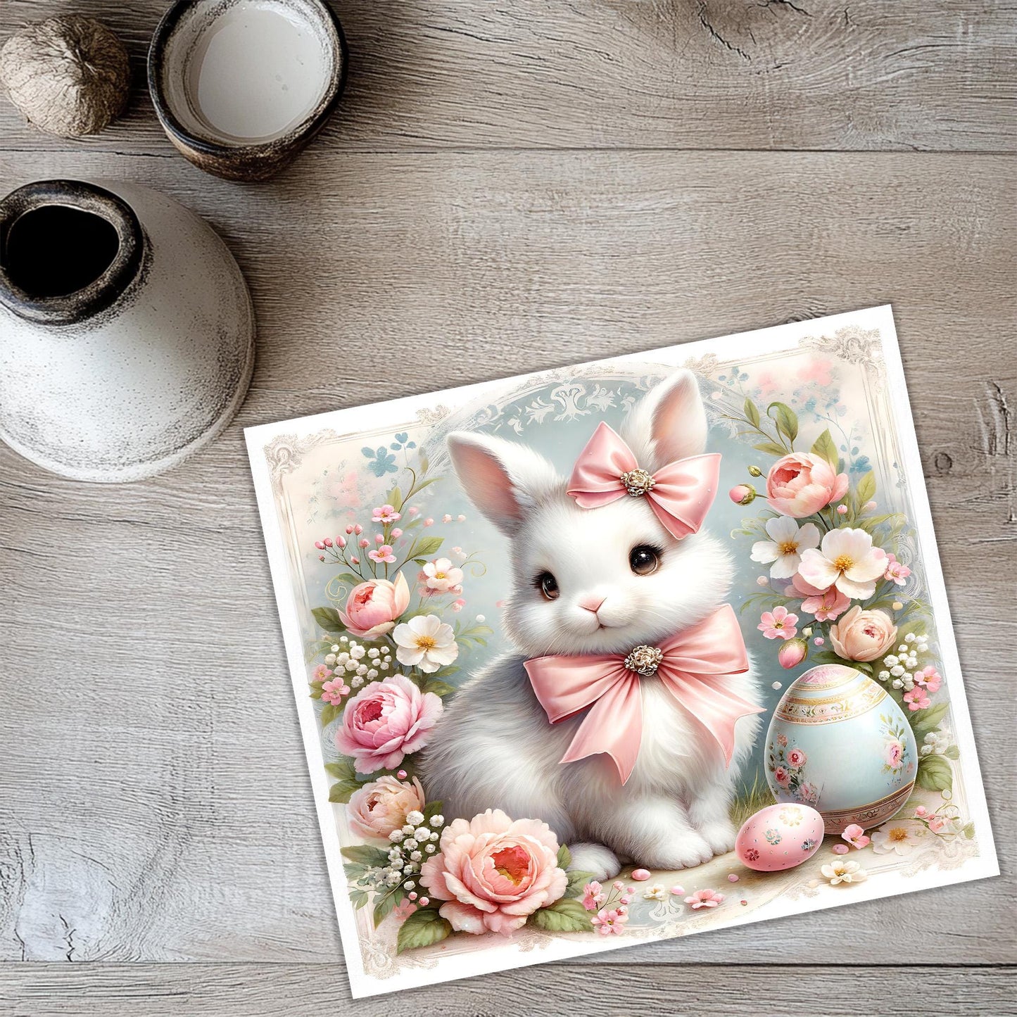 a picture of a white rabbit with a pink bow