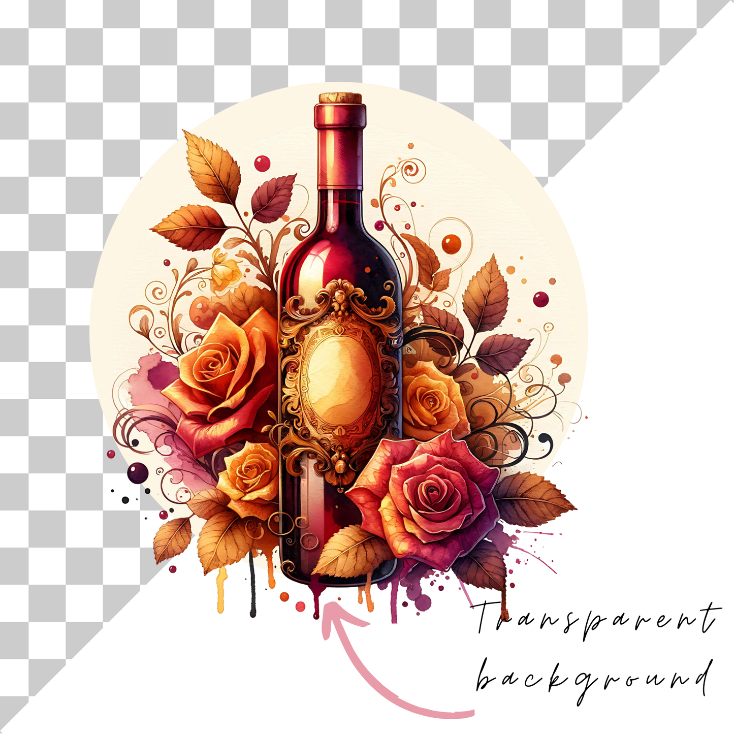 a bottle of wine with roses and leaves on a checkered background