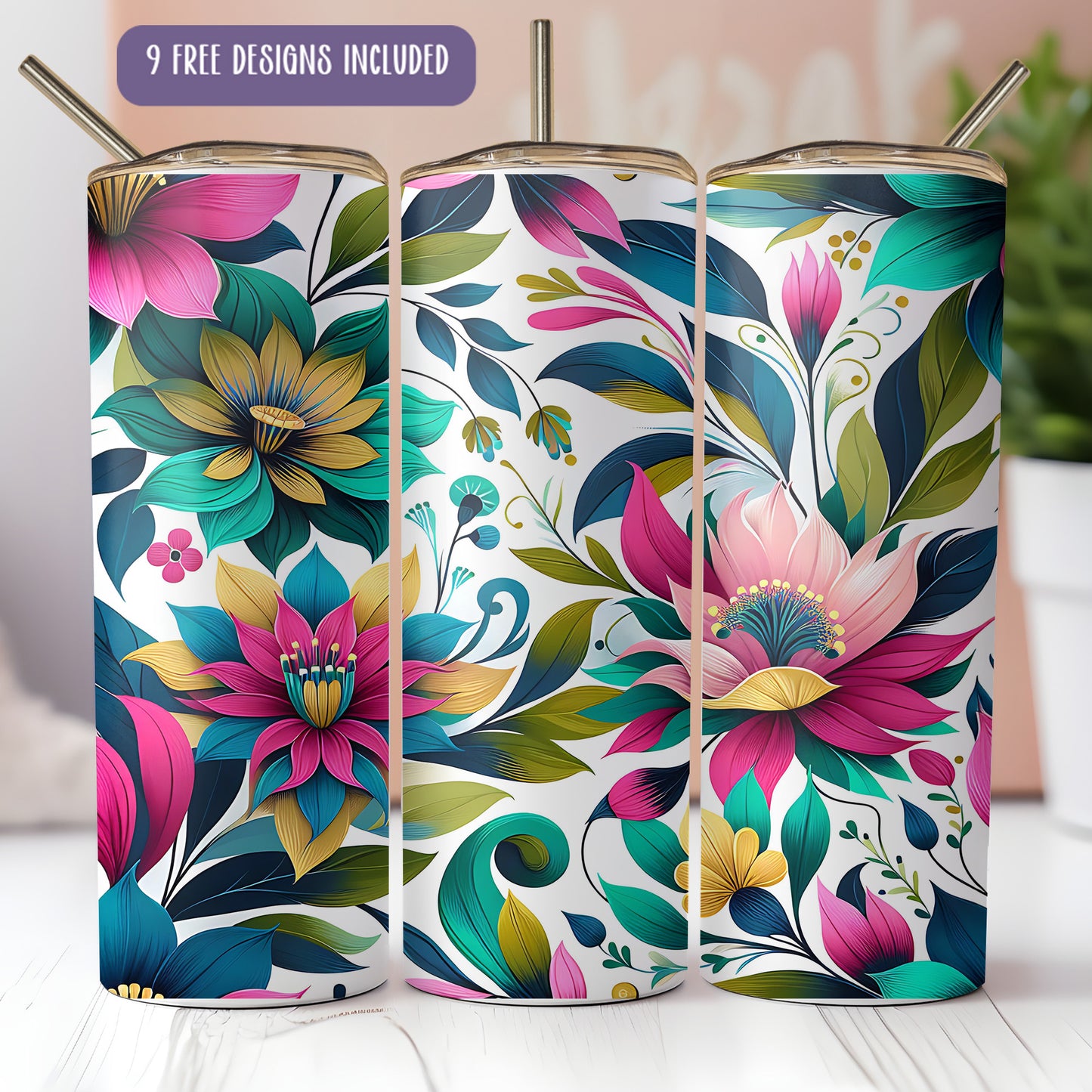 a set of three colorful floral design canisters