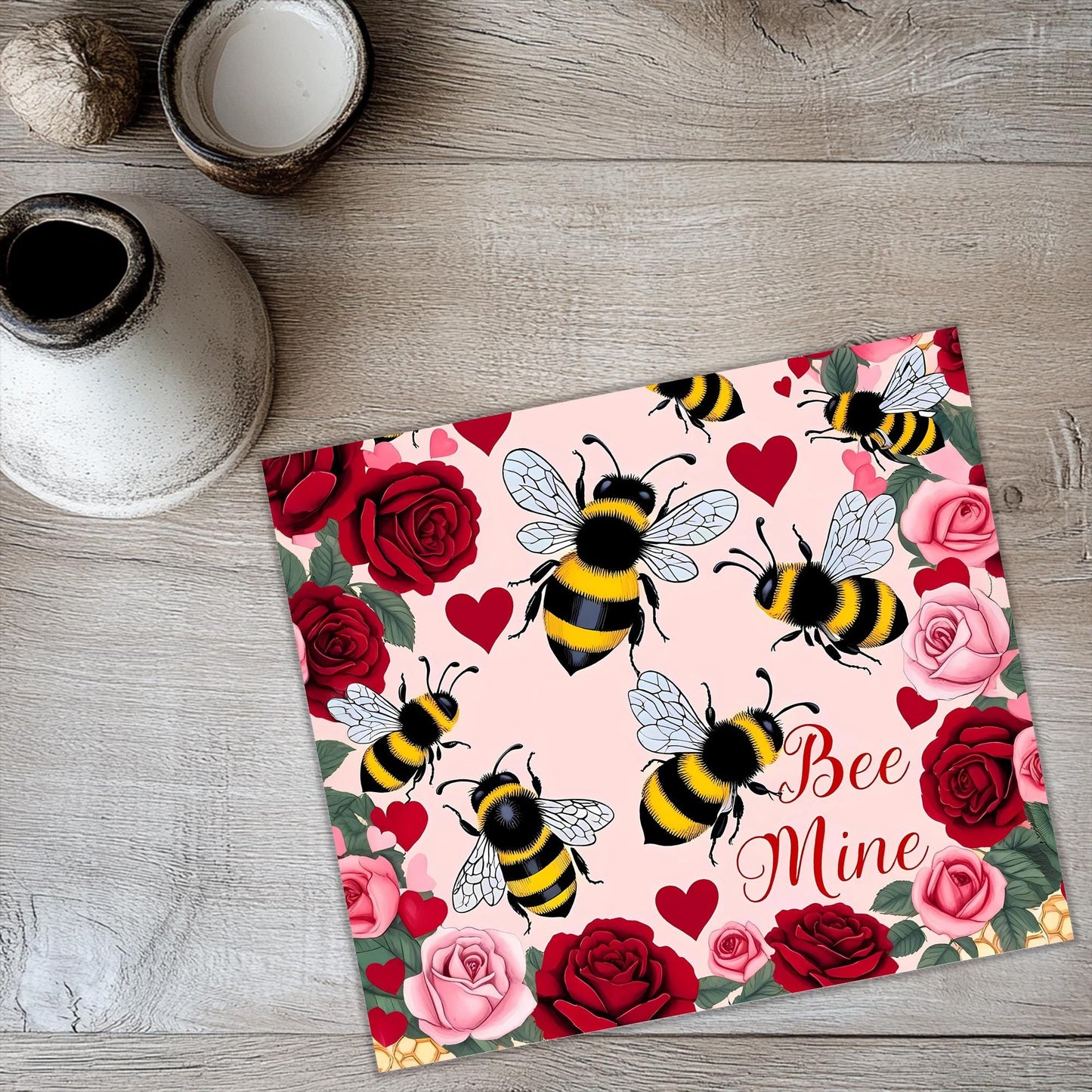 a picture of a bee and roses on a pink background