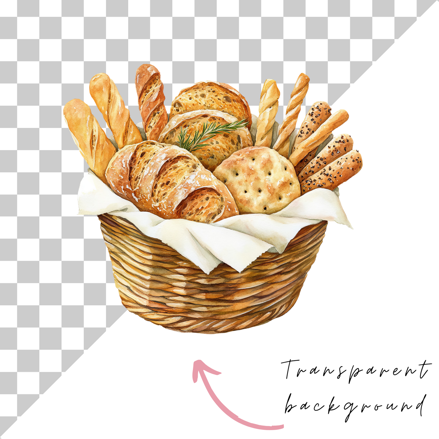 a picture of a basket of bread on a checkered background