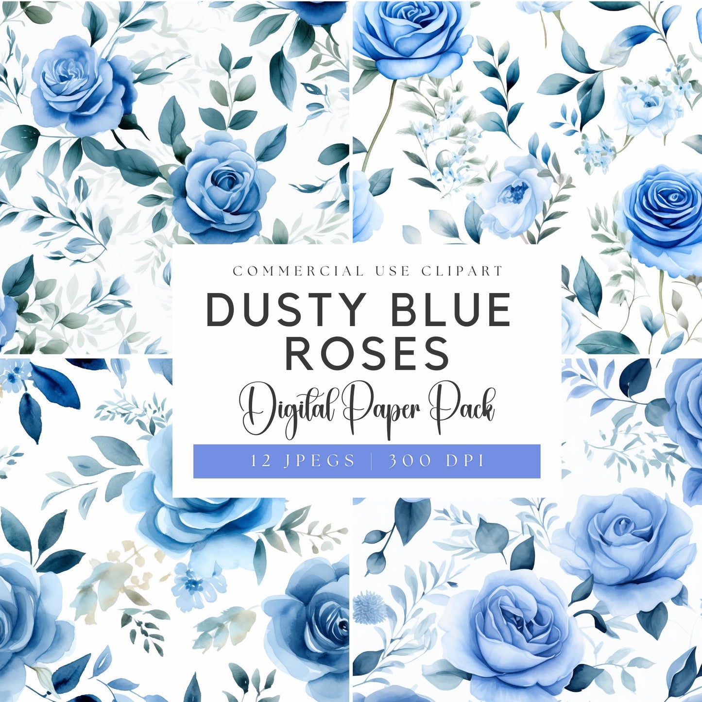 Watercolor Dusty Blue Rose Digital Papers
