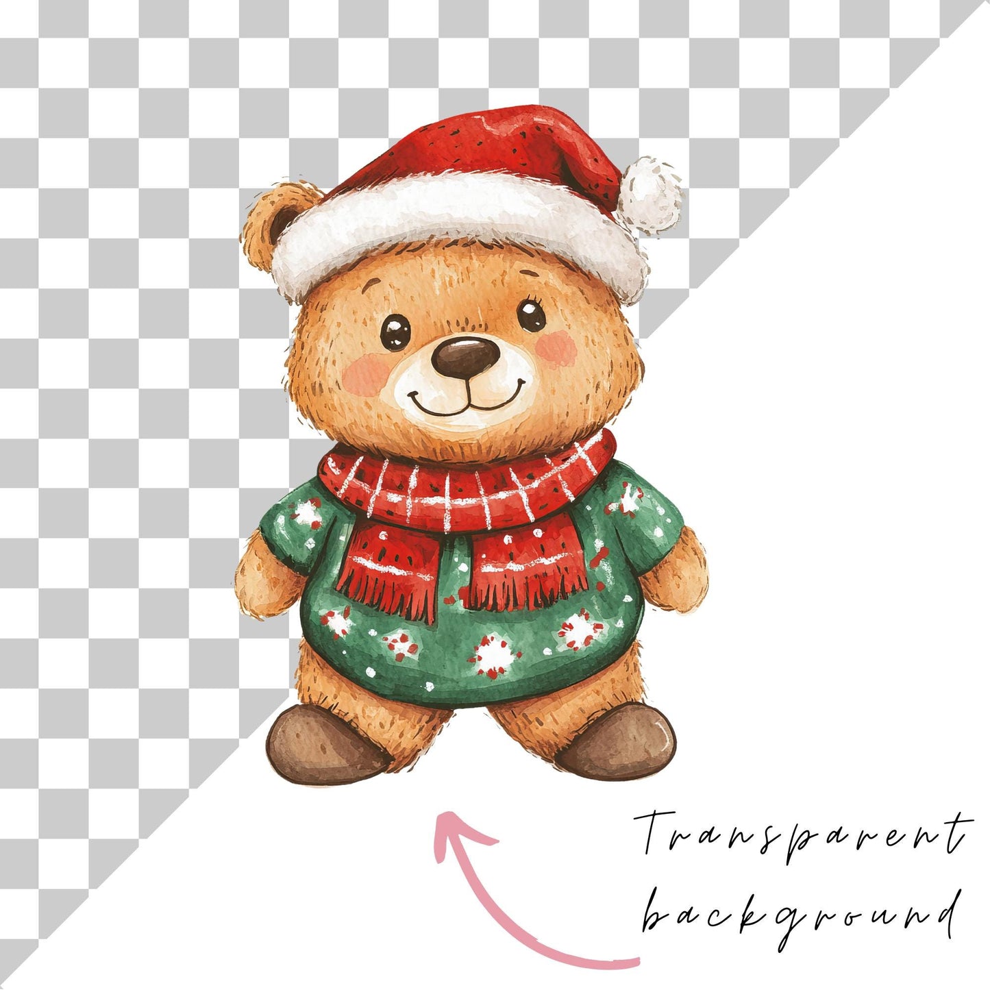 Watercolor Christmas Teddy Bear Clipart