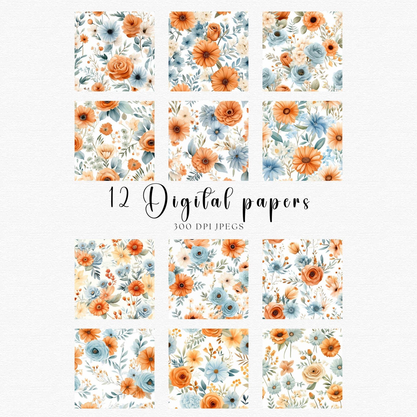 Rustic Terracotta & Dusty Blue Floral Digital Papers
