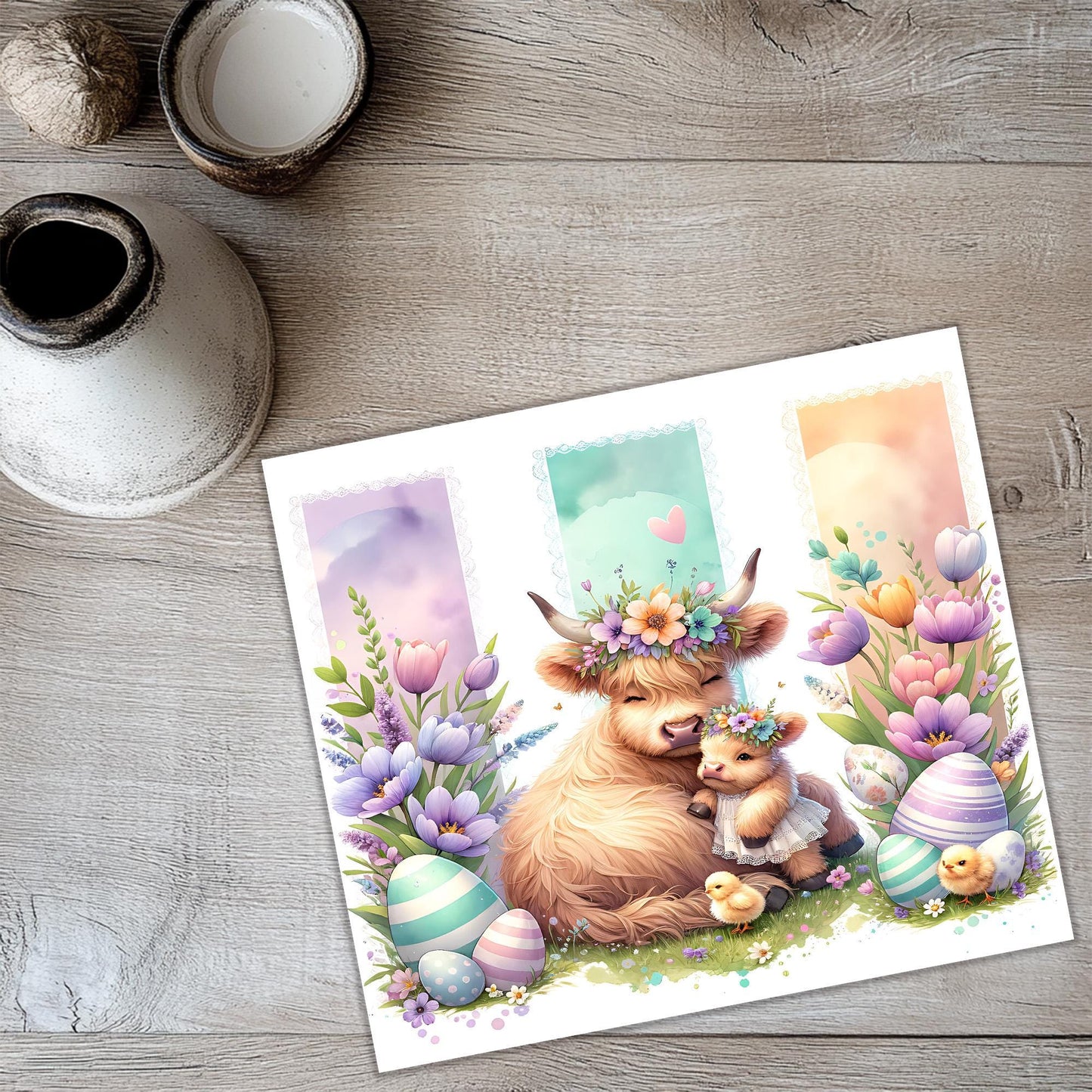 a card with a picture of a cow and a baby