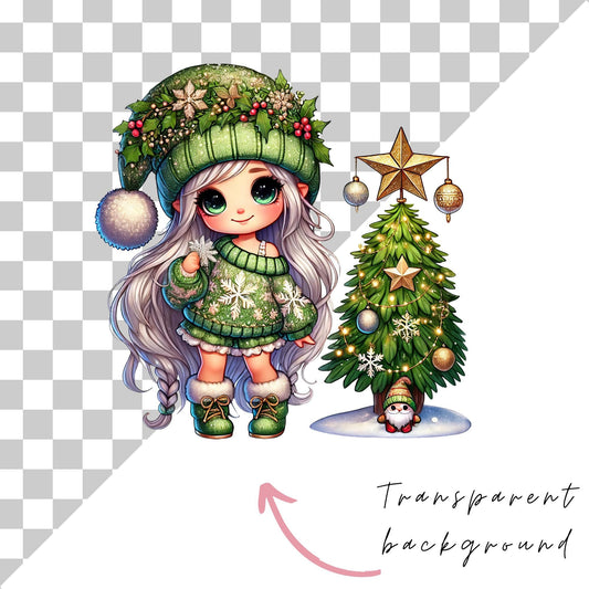 Watercolor Christmas Gnome Girl Clipart Single