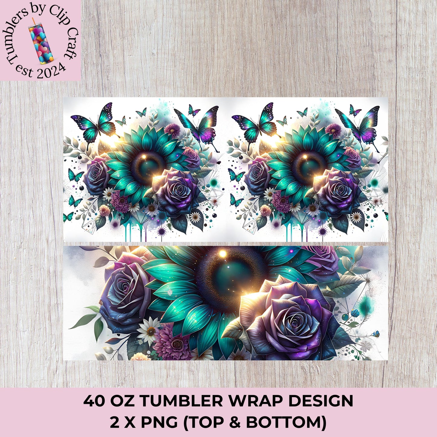two images of flowers and butterflies on a wooden background