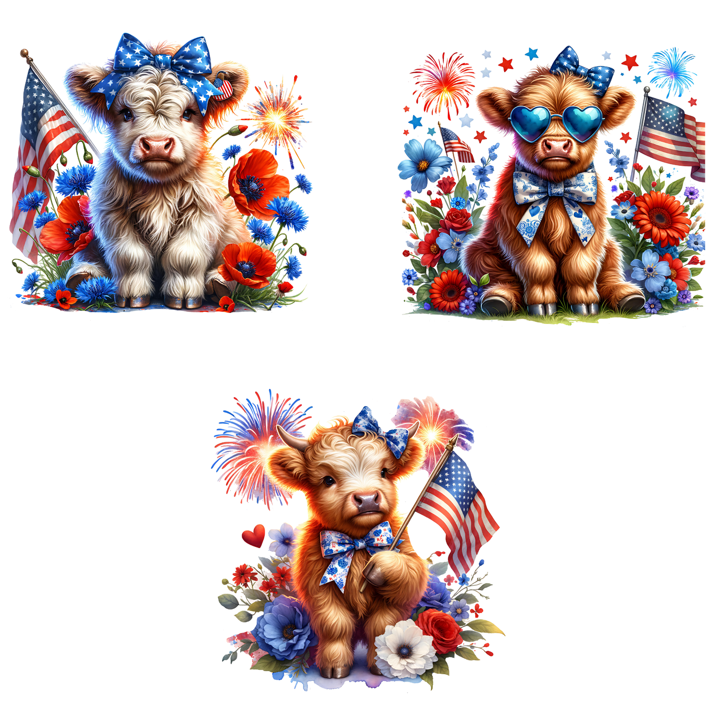 a set of three pictures of a cow with patriotic decorations