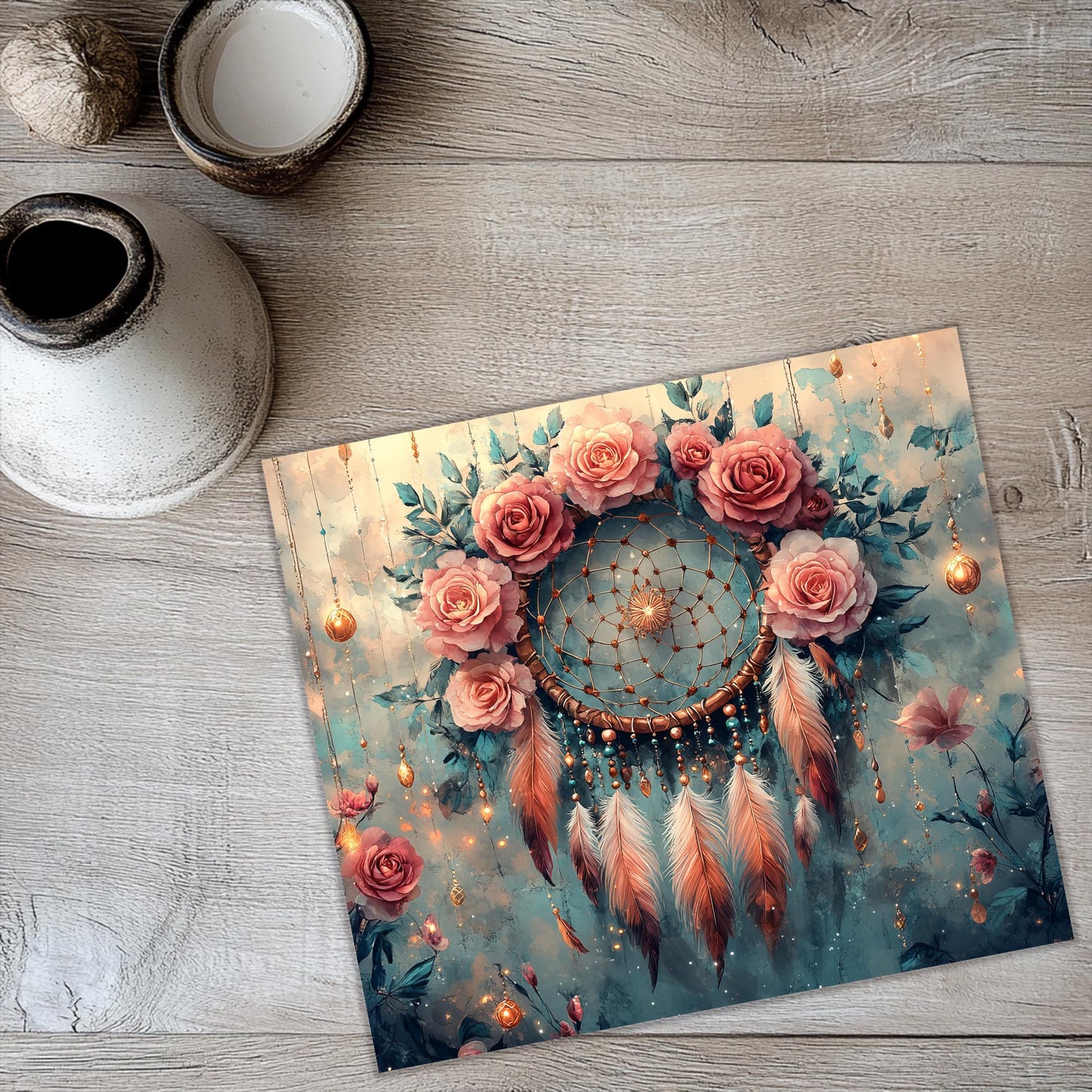 a painting of a dream catcher with roses and feathers