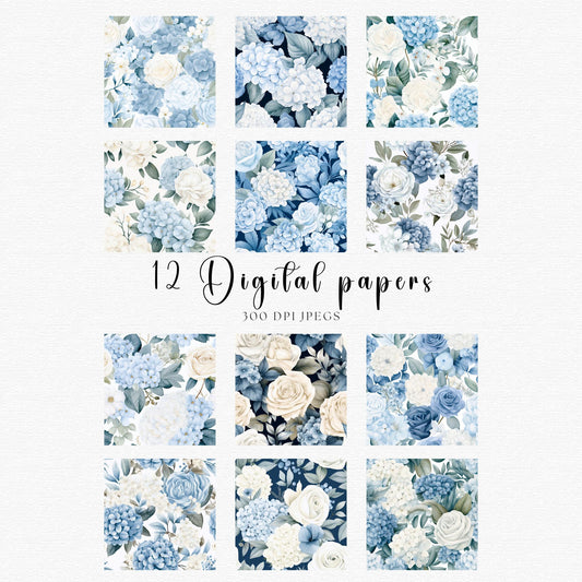 Papeles digitales florales de acuarela con hortensias y rosas en azul polvoriento