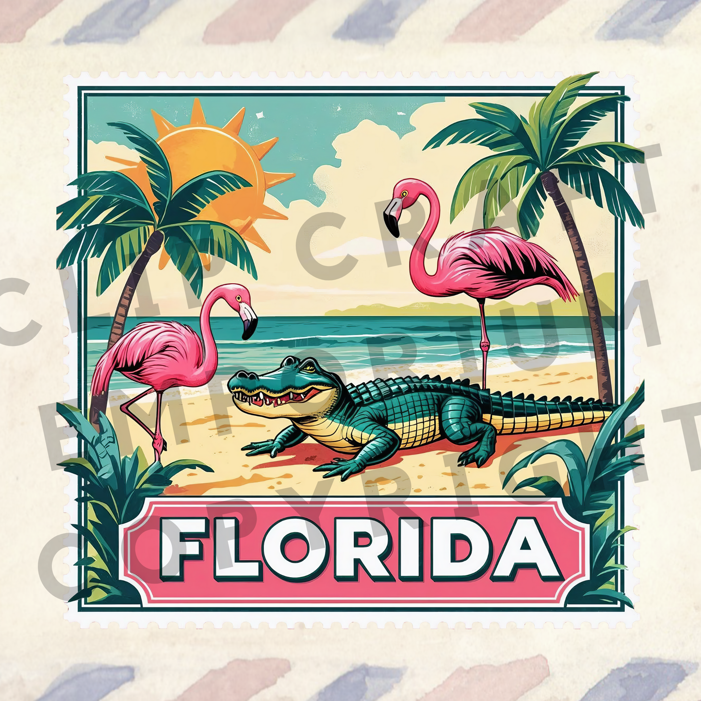 a postcard with a picture of a crocodile and flamingos on the beach
