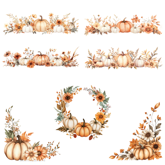 a set of watercolor pumpkins and flowers