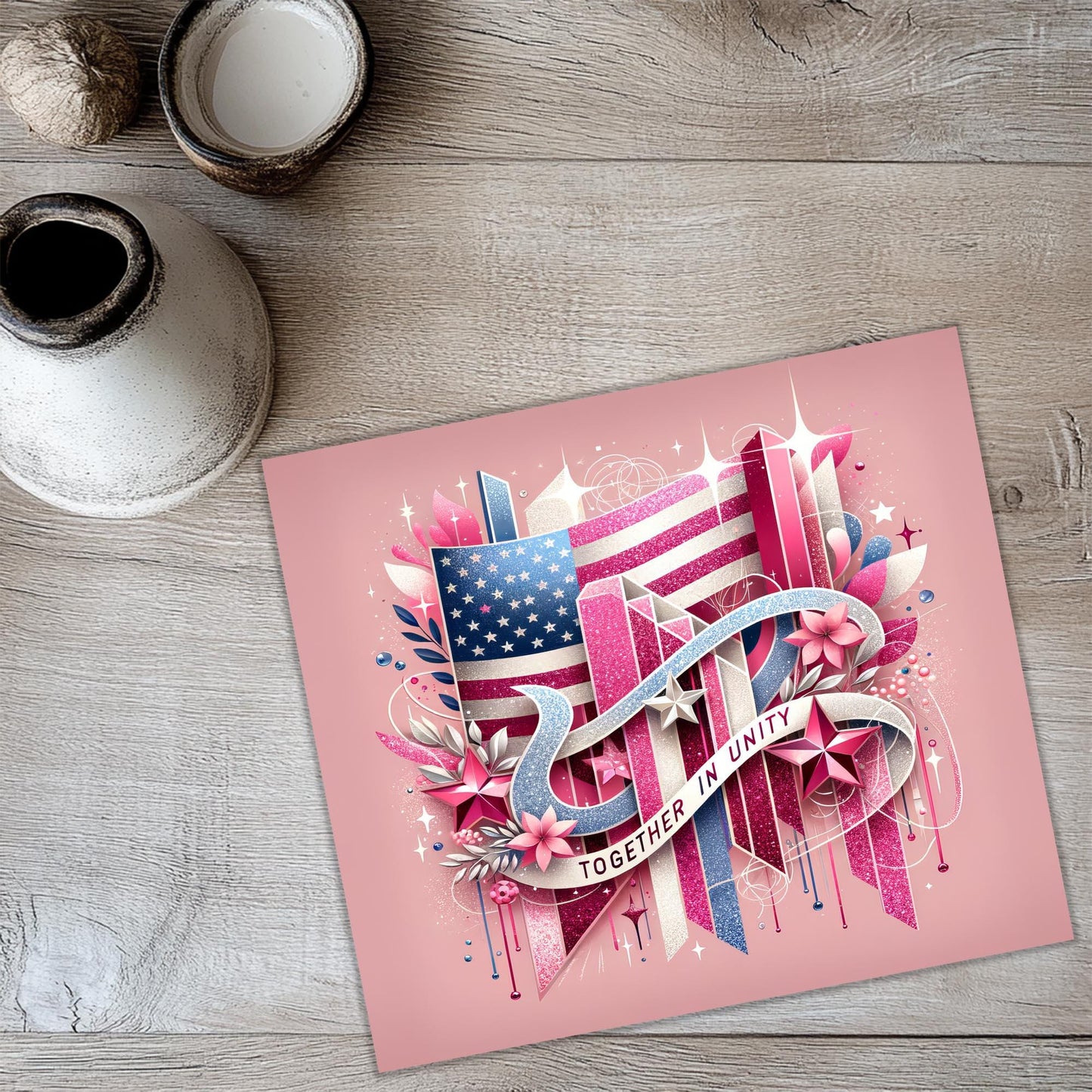 a pink card with a patriotic design on it