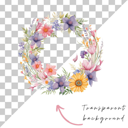 Clipart individual de corona de flores silvestres pastel