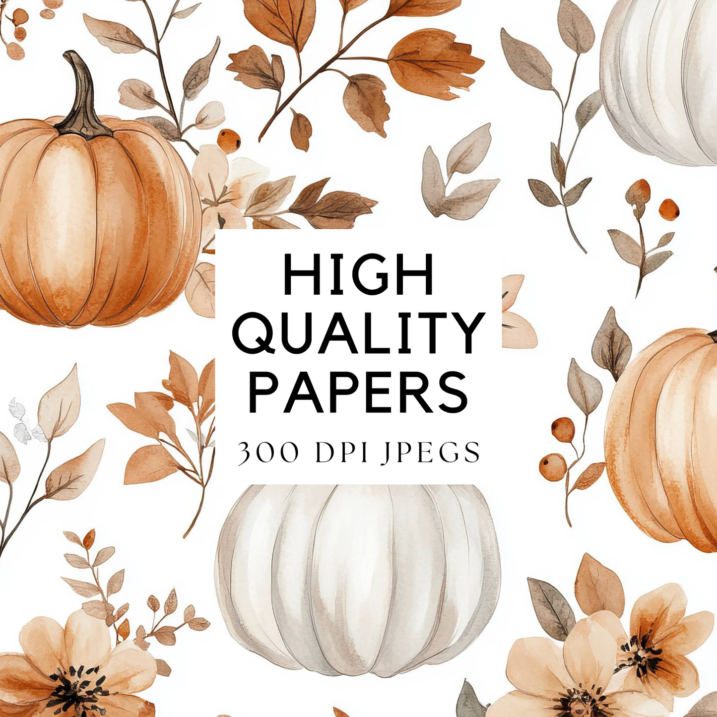 watercolor pumpkins and leaves on a white background