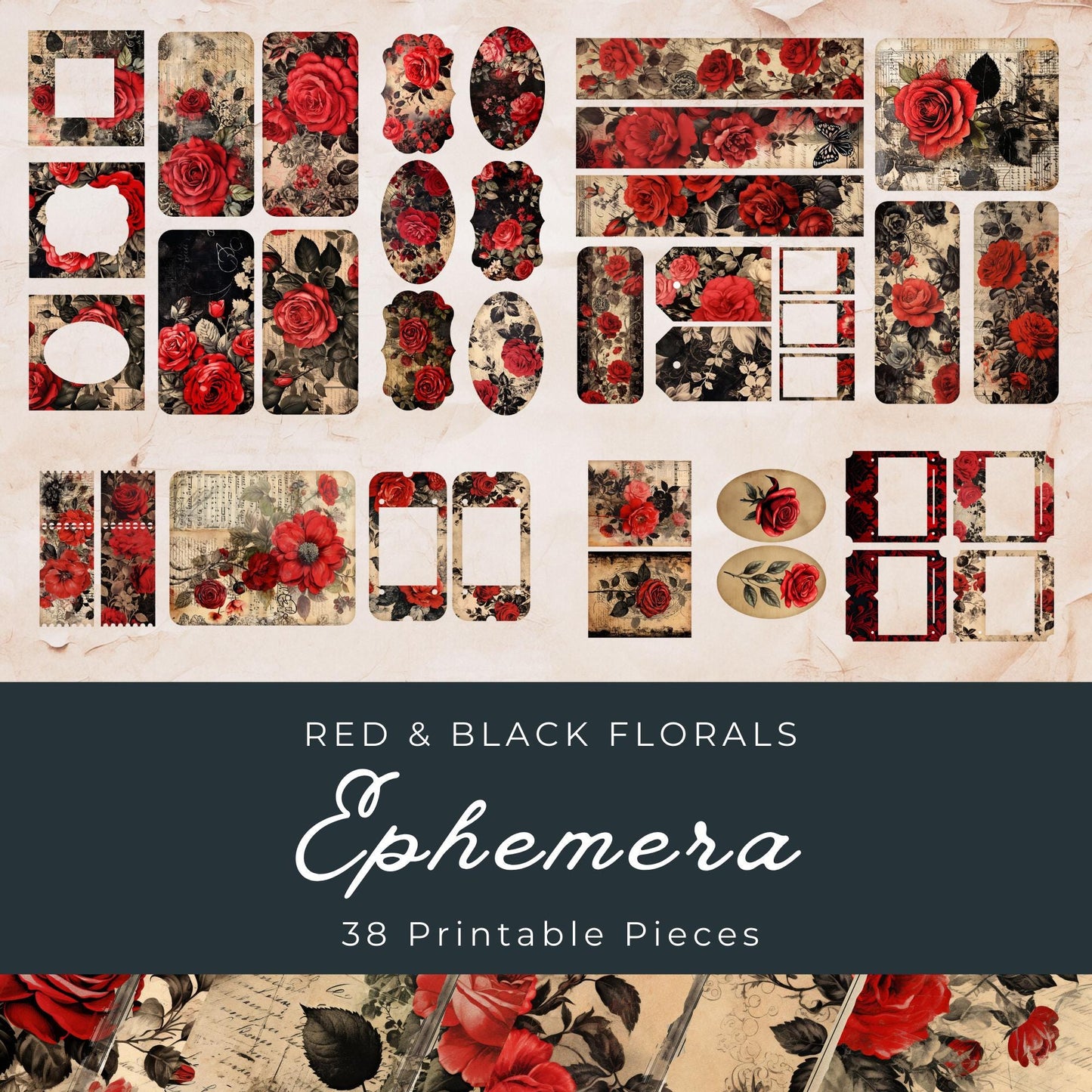 Red and Black Floral Junk Journal Ephemera