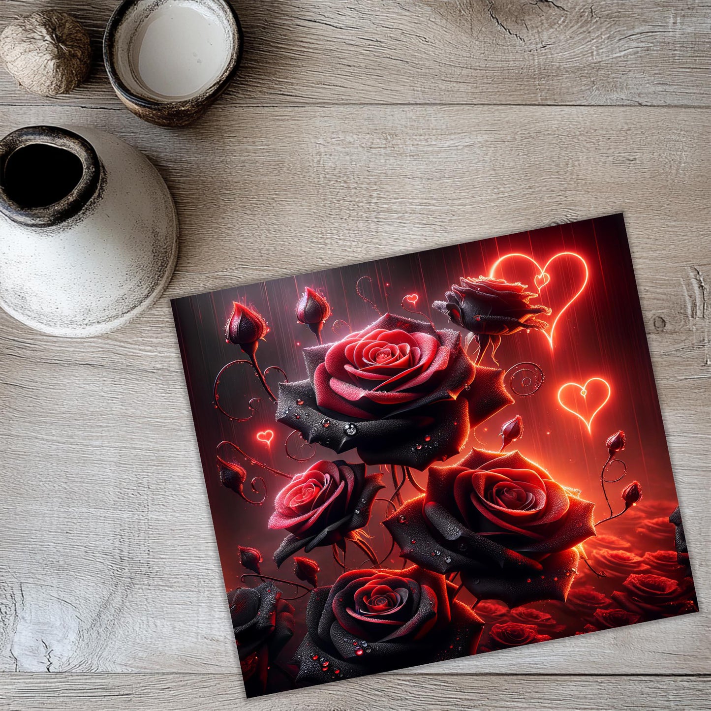 a picture of roses on a table next to a cup of coffee