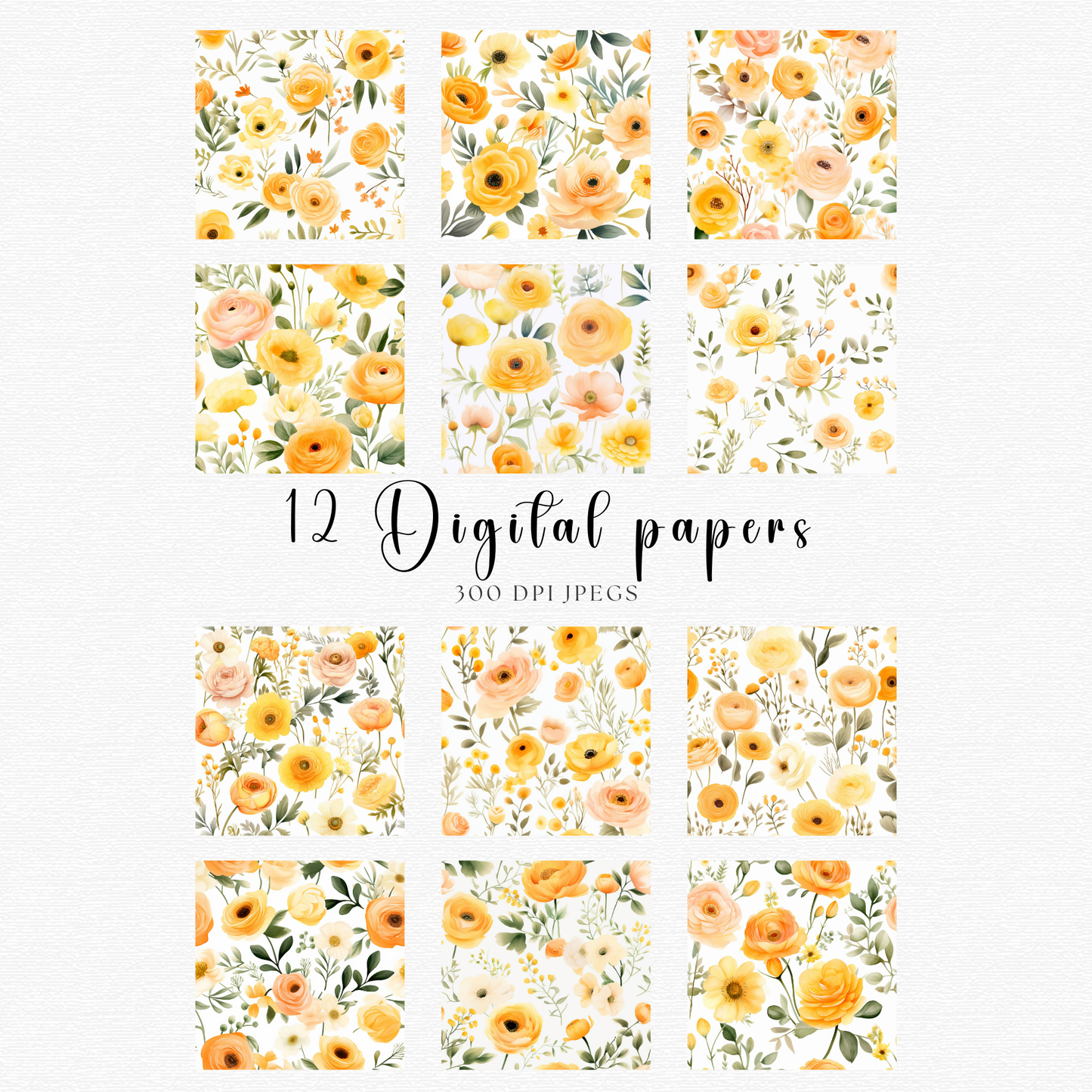 12 digital papers with watercolor flowers