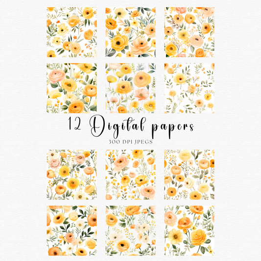 12 digital papers with watercolor flowers
