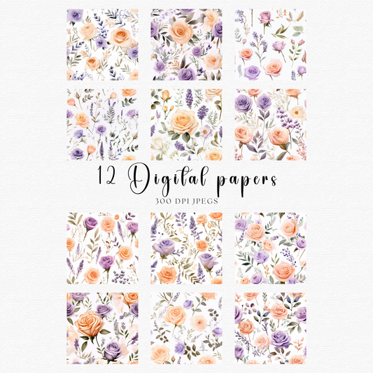 12 digital papers with flowers and leaves