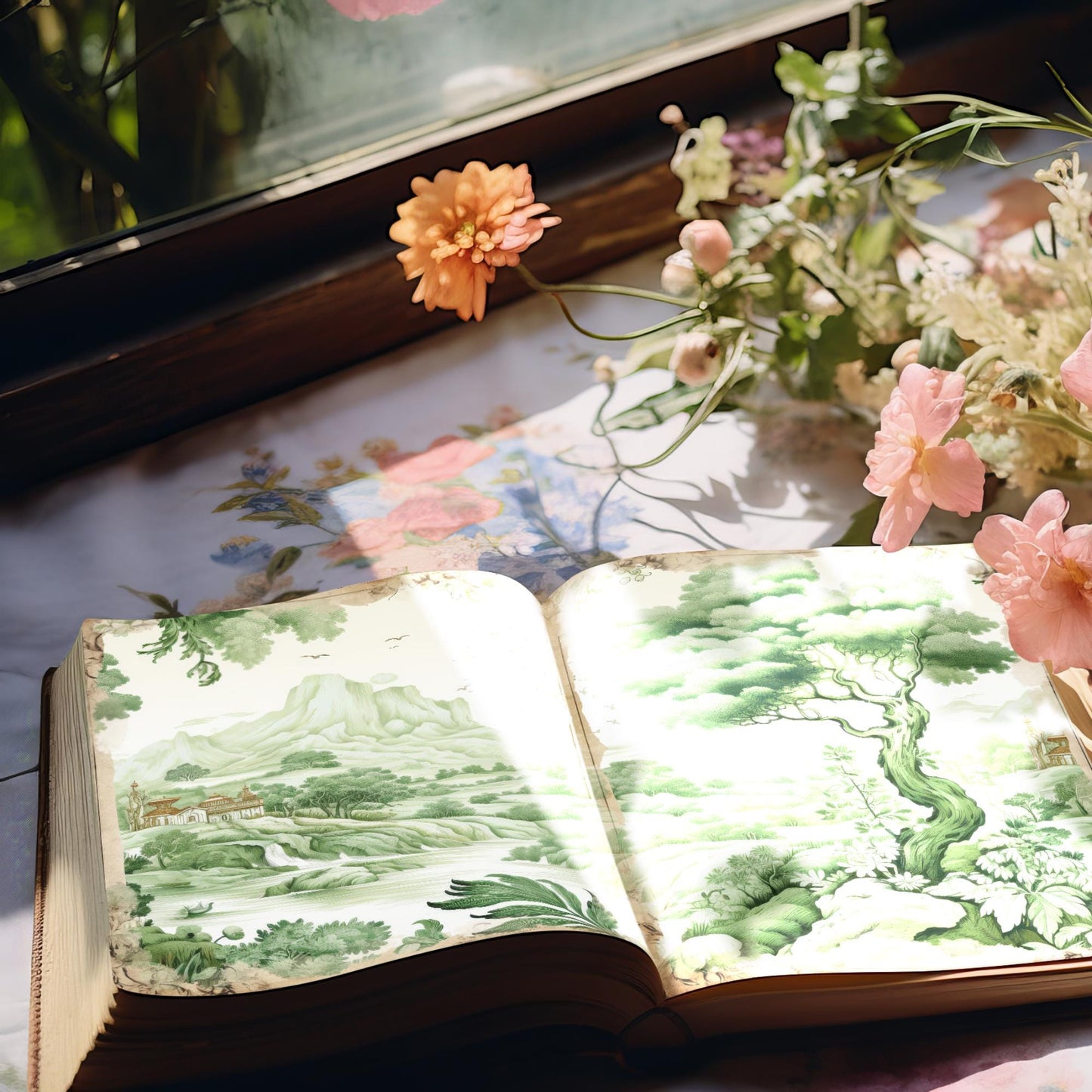 Páginas de diario basura en toile verde | 6 páginas de diario digital en verde francés | Diario basura francés | Papel digital | Tamaño de papel EE. UU. | JJ034