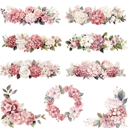 Clipart floral de hortensia y rosa en acuarela rosa polvoriento