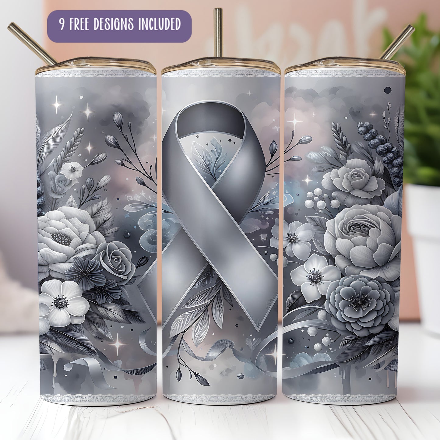Brain Cancer Awareness Tumbler Wrap PNG | Grey Ribbon Sublimation