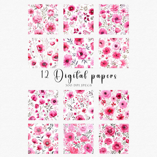 Bright Pink floral Digital Papers