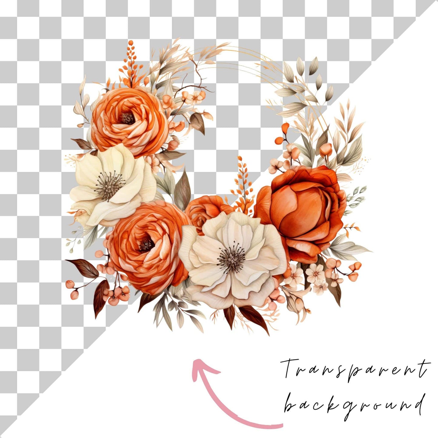 Burnt Orange & Ivory Pampas Floral Clipart