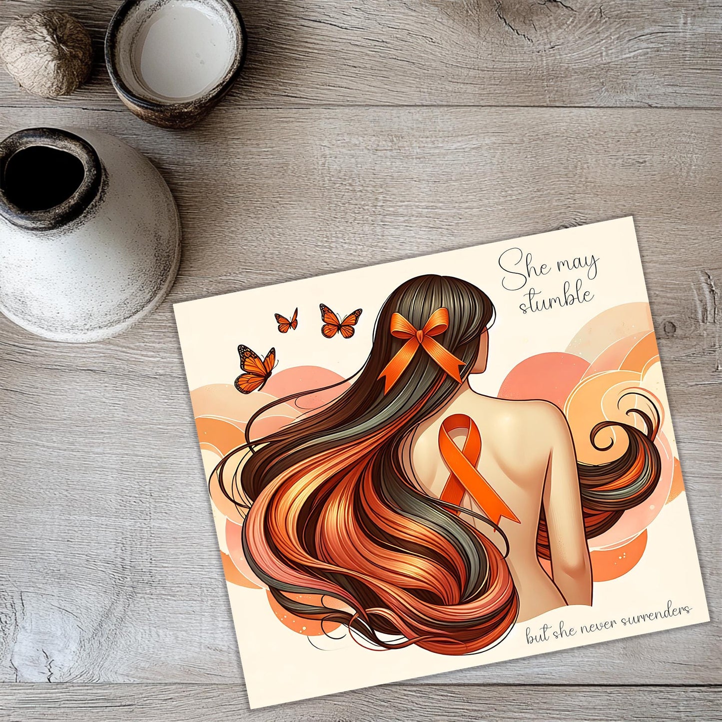a card with a picture of a woman with a ribbon on it
