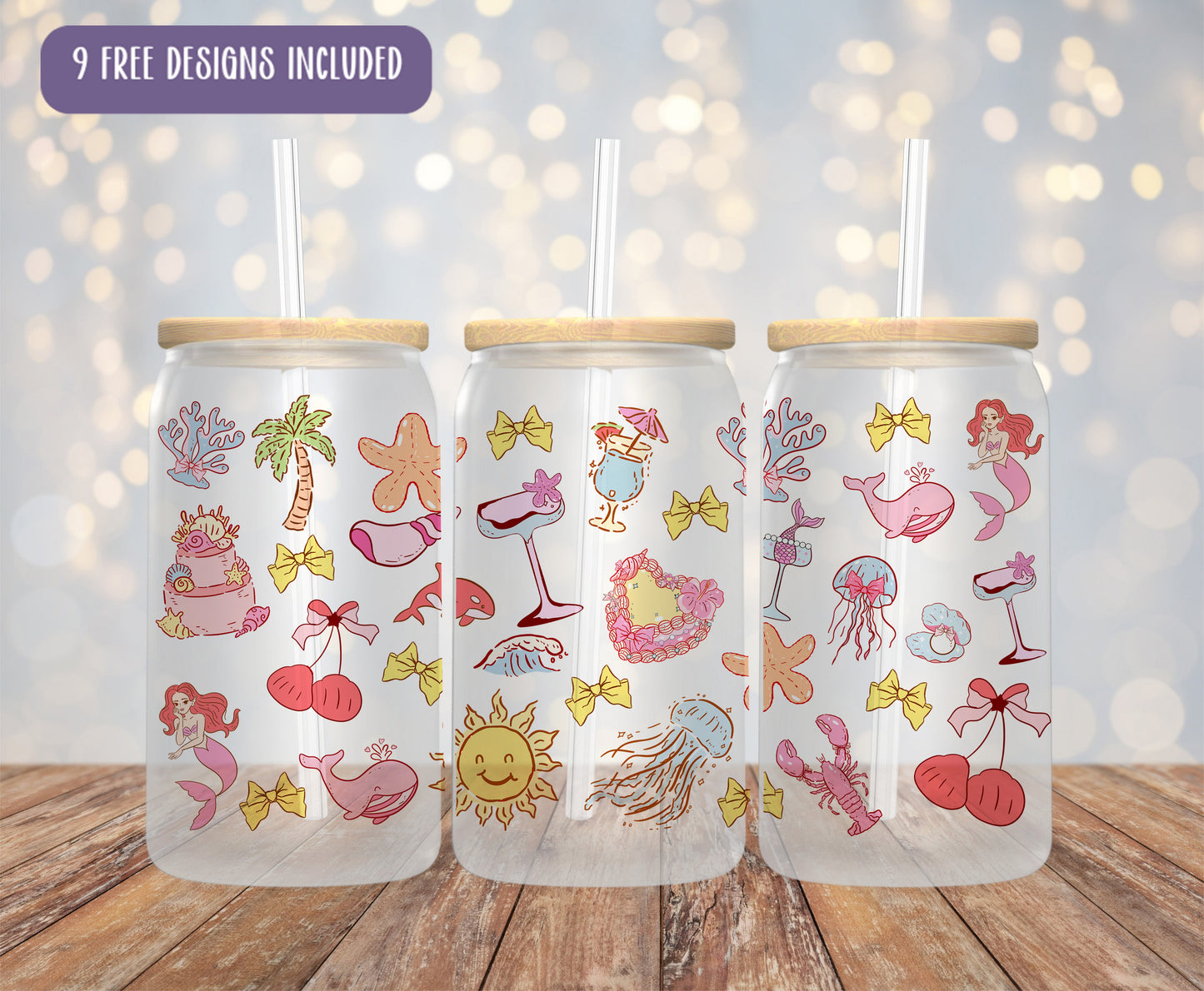 three plastic cups with different designs on them