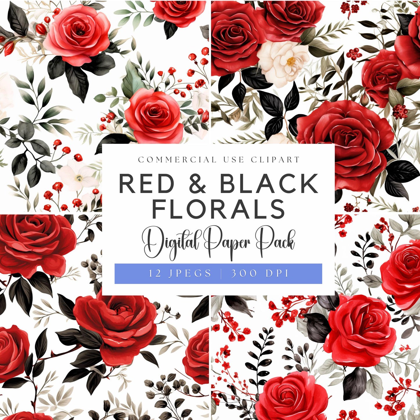 Watercolor Red & Black Floral Digital Papers