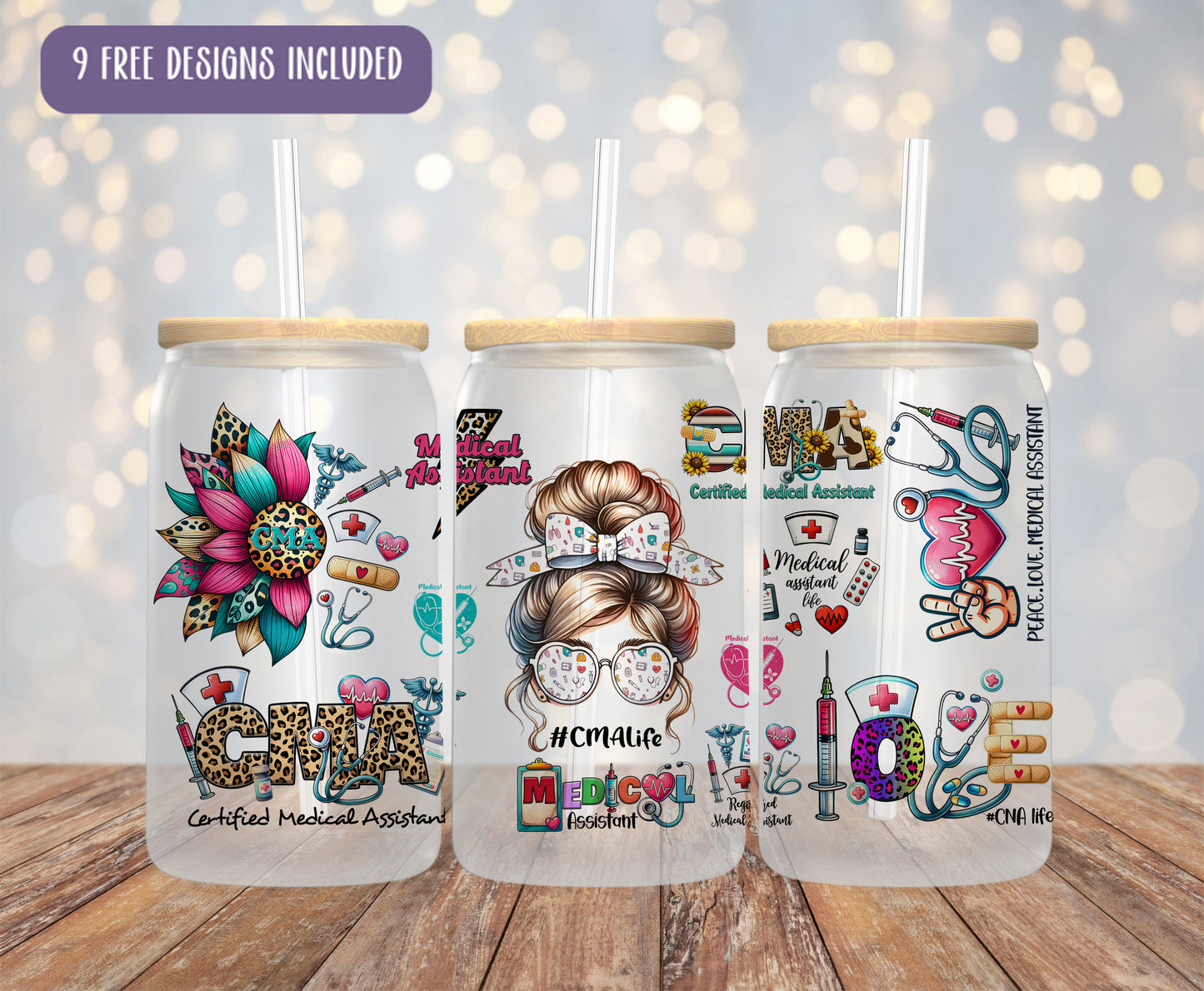 three tumblers with designs on them sitting on a table