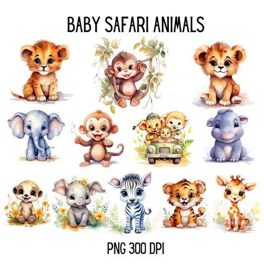 Watercolor Baby Safari Animals Clipart